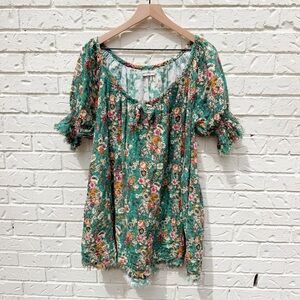 Natural Life Sienna Green Floral Mini Dress L/XL 100% Cotton Gauze Dress Spring